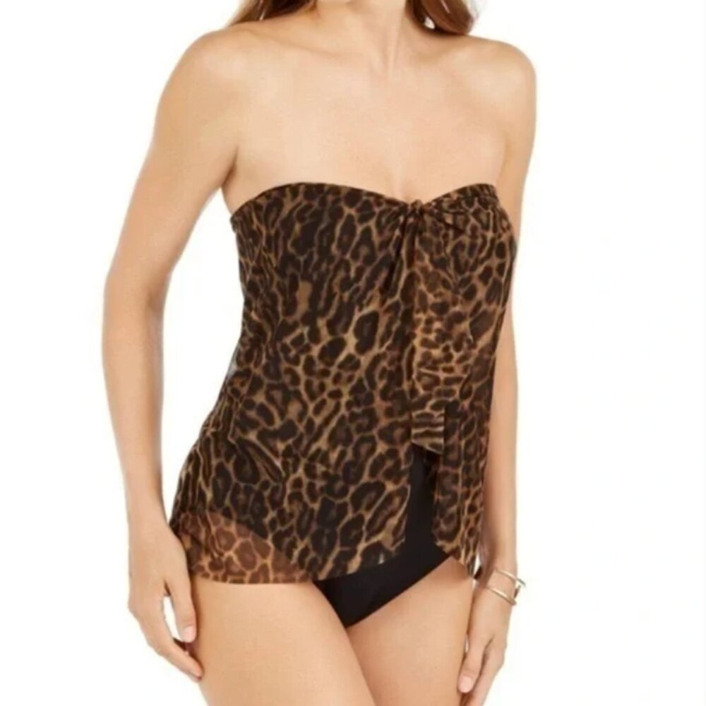 Lauren Ralph Lauren BROWN Ocelot Printed Flyaway Strapless One-Piece Swimsuit